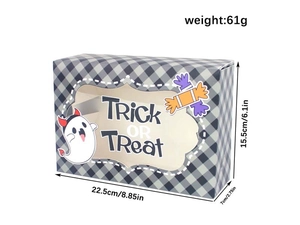 Detail view of Halloween cookie box with ghost pattern, PVC window and size markings