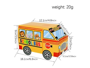 Detailed view of school bus favor box dimensions measuring 16.1x9.1x9cm for parties