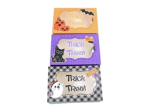 Three Halloween gift boxes with PVC windows featuring pumpkin, cat and ghost designs