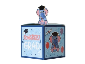 Detail der blauen Elefanten-Abschlussbox mit Congrats-Druck und 3D-Ohren-Design