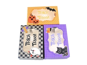 Halloween gift boxes with windows featuring pumpkin, ghost and black cat festive designs