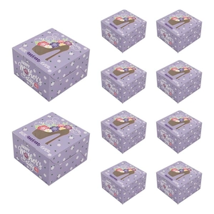 Set of 10 purple Mother's Day cookie boxes with floral patterns and window display