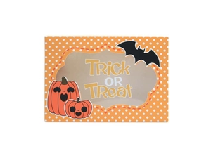 Halloween window cookie box featuring orange polka dots and pumpkin with bat illustrations