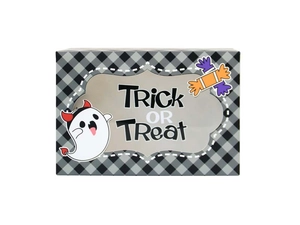 Detail of Halloween Trick or Treat box with white ghost and black gingham pattern