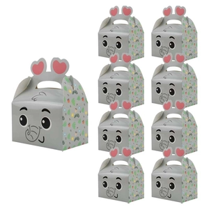 Cute gray elephant cartoon party treat boxes with pink heart handles and leaf patterns