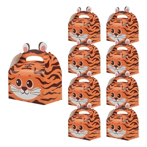 Cartoon tiger gift box with handle for candy and cakes, vibrant orange paper packaging