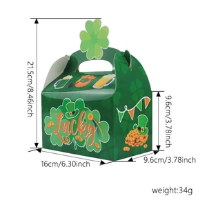 Boîte cadeau St. Patrick verte avec trèfles et motifs arc-en-ciel, hauteur 21,5 cm