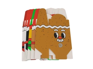 Close-up of flat-packed Christmas paper gift boxes featuring Santa and Gingerbread Man
