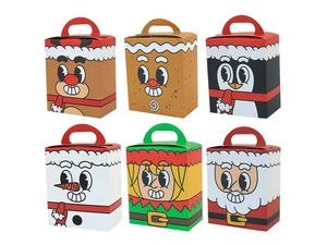 Detail of six festive Christmas candy boxes featuring reindeer, Santa and snowman characters