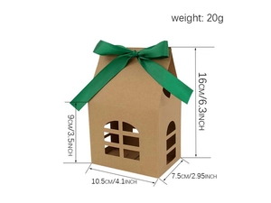 Détail de la boîte cadeau en kraft en forme de maison avec nœud vert et dimensions