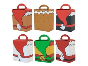 Detail of six festive Christmas paper candy gift boxes with handles and holiday patterns