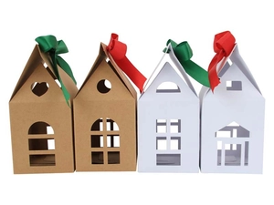 Lot de 4 boîtes cadeaux de Noël en kraft en forme de maison avec rubans festifs