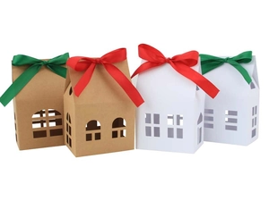 Mini boîtes cadeaux de Noël en forme de maison en kraft et blanc avec rubans festifs