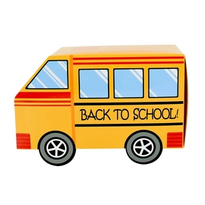 Yellow school bus shaped candy box with red stripes and Back to School text for parties