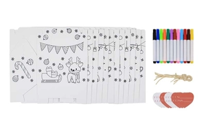 DIY Christmas coloring gift box set with 12 markers, twine, and festive heart tags