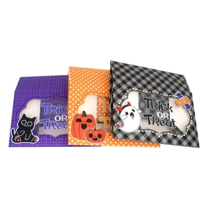 Halloween gift boxes with PVC window featuring purple, orange, and black festive patterns