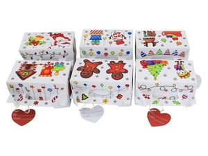 Set of six large DIY coloring Christmas gift boxes with festive character illustrations