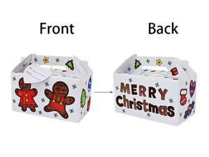Front and back detail of DIY coloring Christmas gift box with gingerbread man and tag