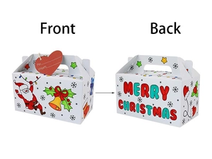Front and back view of Christmas DIY gift boxes with heart tags and Santa Claus motifs