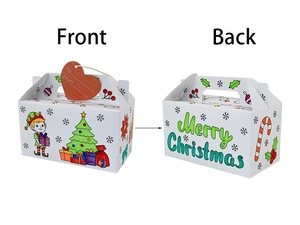 Detailed front and back view of DIY Christmas gift box with elf and tree illustrations