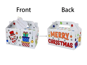 Front and back detail of DIY coloring Christmas gift box with snowman and festive prints