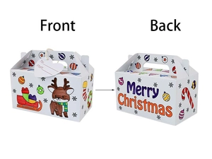 Front and back view of a DIY coloring Christmas gift box with reindeer and sleigh graphics