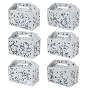 Detail of DIY Christmas coloring gift boxes with various festive patterns and handles