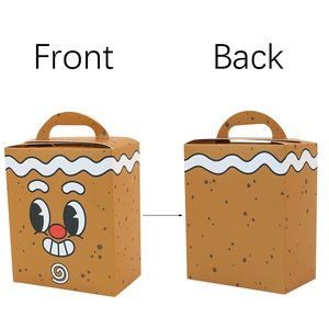 Gingerbread man themed Christmas gift boxes with handles and front-back view