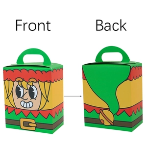 Christmas square candy gift box with vintage cartoon characters and handles, front and back view