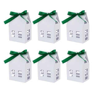 Lot de 6 boîtes cadeaux blanches en forme de maison avec fenêtre et ruban vert