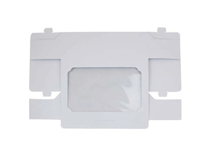 Macro detail of white kraft paper gift box featuring a clear PVC window for packaging