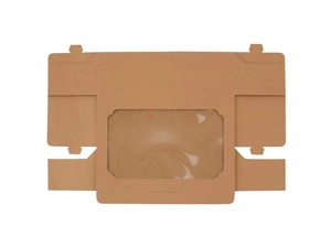 Detailed flat lay of flat-packed kraft paper box with transparent PVC window for cookies