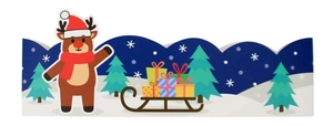 Christmas kraft paper box detail featuring cartoon reindeer and sleigh festive patterns