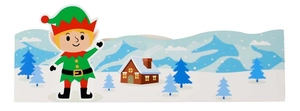 Detailed Christmas kraft paper window box with cartoon elf and winter forest illustration