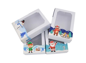 Christmas kraft paper gift boxes with PVC windows and festive cartoon character designs