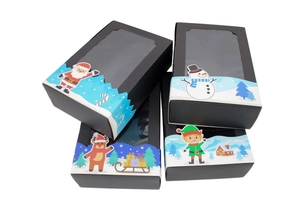 Detail of black Christmas gift box with transparent window and festive cartoon sleeve