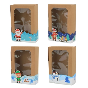 Four Christmas kraft gift boxes with transparent windows featuring Santa, elk, and snowman designs
