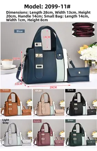 Detailed view of striped contrast color handbag set with size dimensions and multi-color options