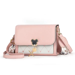 Pink heart quilted crossbody bag with Mickey mouse metal buckle and printed strap