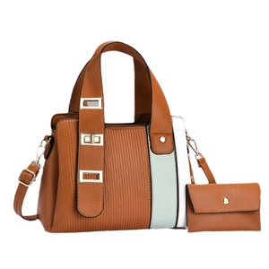 Striped patchwork tote bag and wallet set in brown with mint green accents and gold hardware
