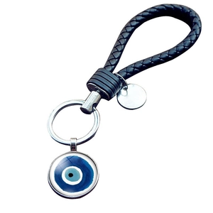 Dettaglio del ciondolo occhio blu con cordino in pelle intrecciata a mano e portachiavi