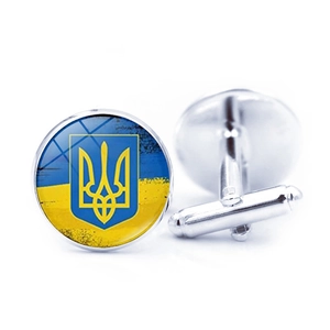 Ukraine flag cufflinks with coat of arms pattern, polished silver shirt accessories