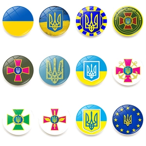 Set of 12 round glass magnets featuring Ukraine flag and national coat of arms