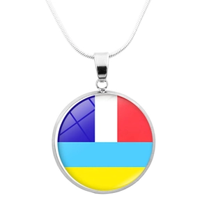 Silver Ukraine flag glass pendant necklace with fine snake chain on white background