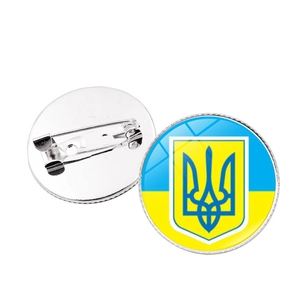 Detailed front and back view of Ukraine flag brooch with metal pin clasp closure