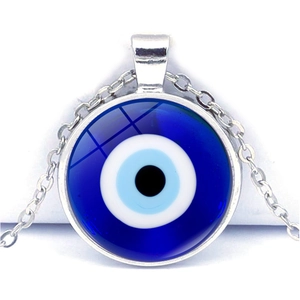 Turkish Evil Eye Necklace Round Glass Pendant Silver Tone Zinc Alloy Cross Chain Nazar Amulet Jewelry For Women Men