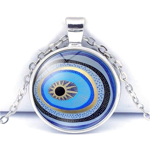 Detail of circular Evil Eye glass pendant with concentric blue rings on silver chain