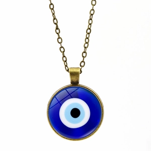 Vintage blue crystal Evil Eye pendant necklace with antique bronze alloy chain