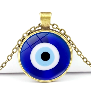 Turkish Evil Eye Pendant Necklace Vintage Bronze Zinc Alloy Glass Cabochon Retro Ethnic Jewelry For Women Men