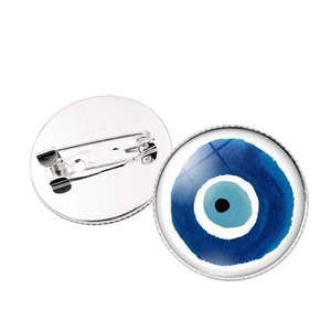 Detailed front and back view of silver Turkish Evil Eye pins with safety clasp